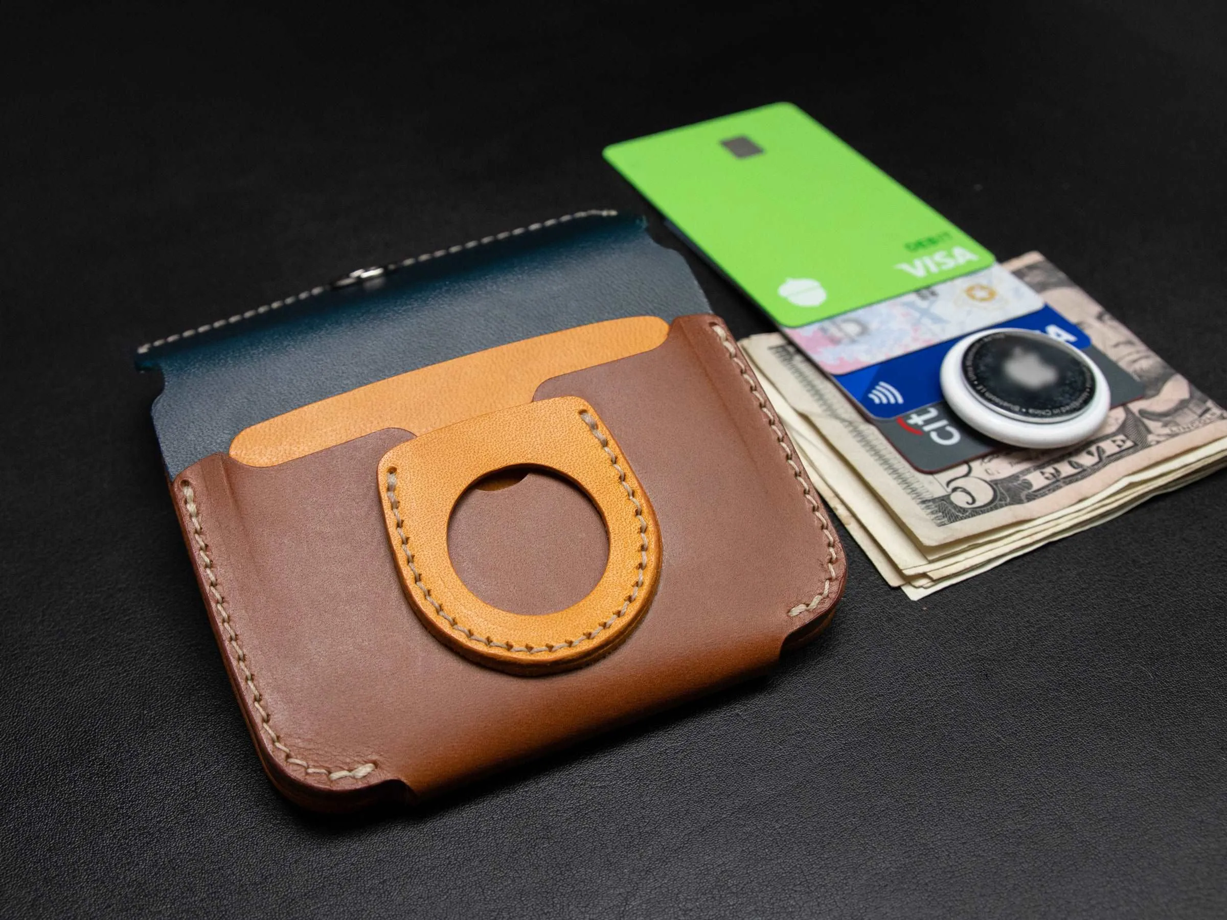 AirTag Leather Wallet [TW-NBr]  - Card Holder - Premium Italian Veg-Tanned Leather - Personalized Stamp - Handcrafted in USA