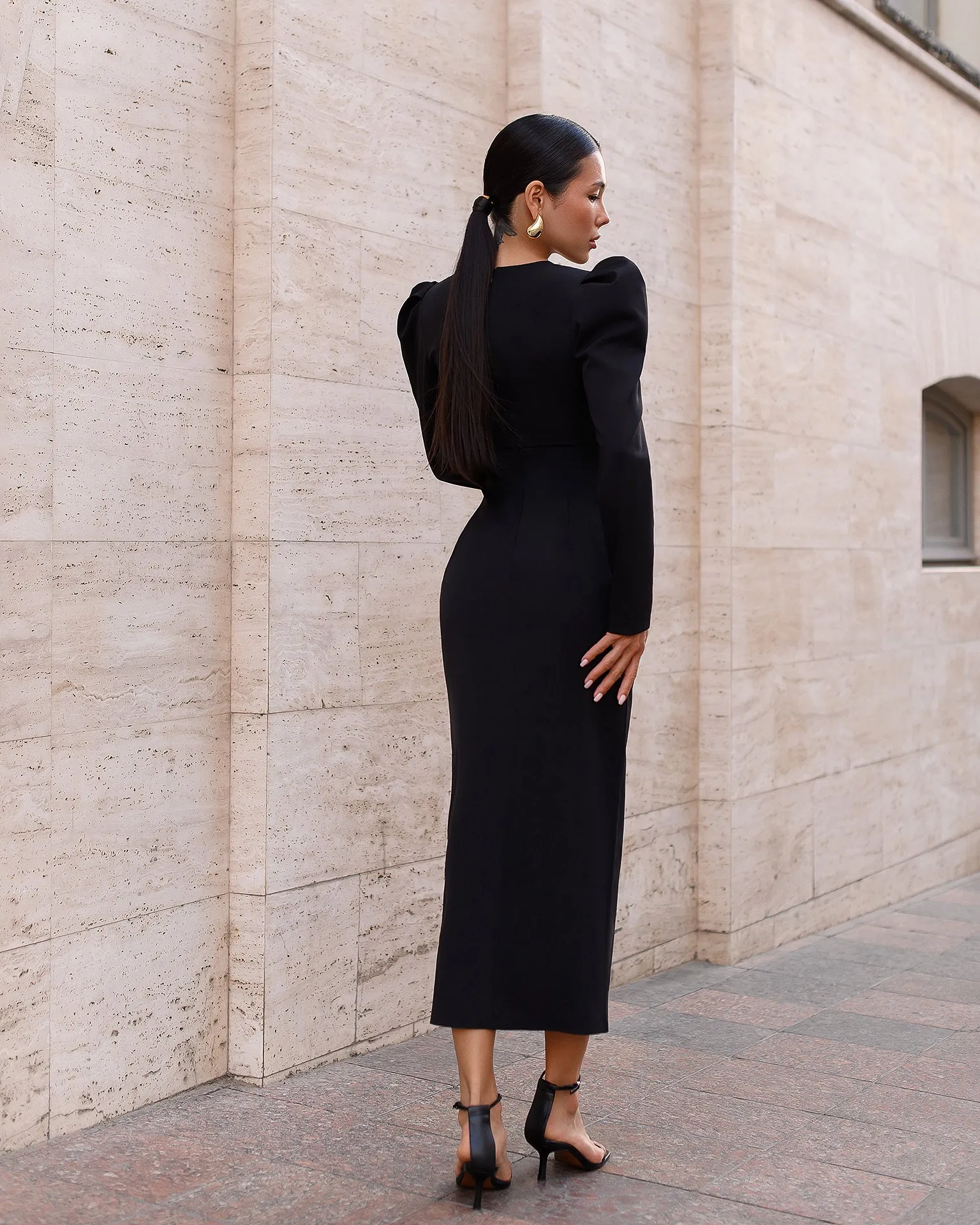 Anne Black Puff Sleeve Midi Dress