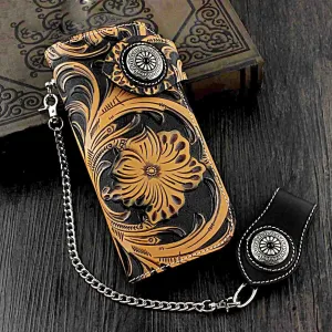 Badass Black Leather Men's Long Biker Chain Wallet Tooled Long Wallet with Chain For Men