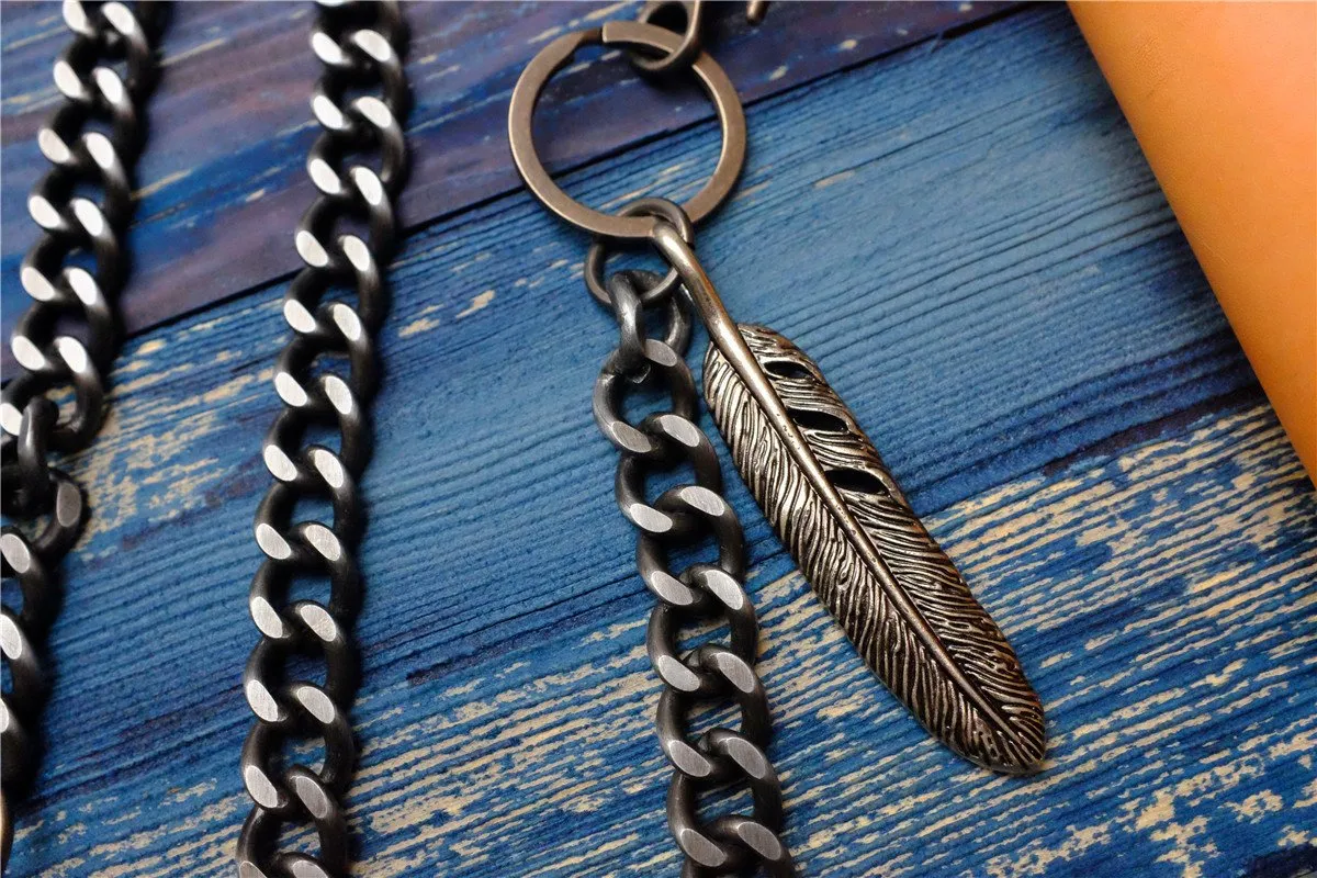 Badass Men's Skull Feather Pendant Wallet Chain Long Pants Chain Biker Wallet Chain For Men