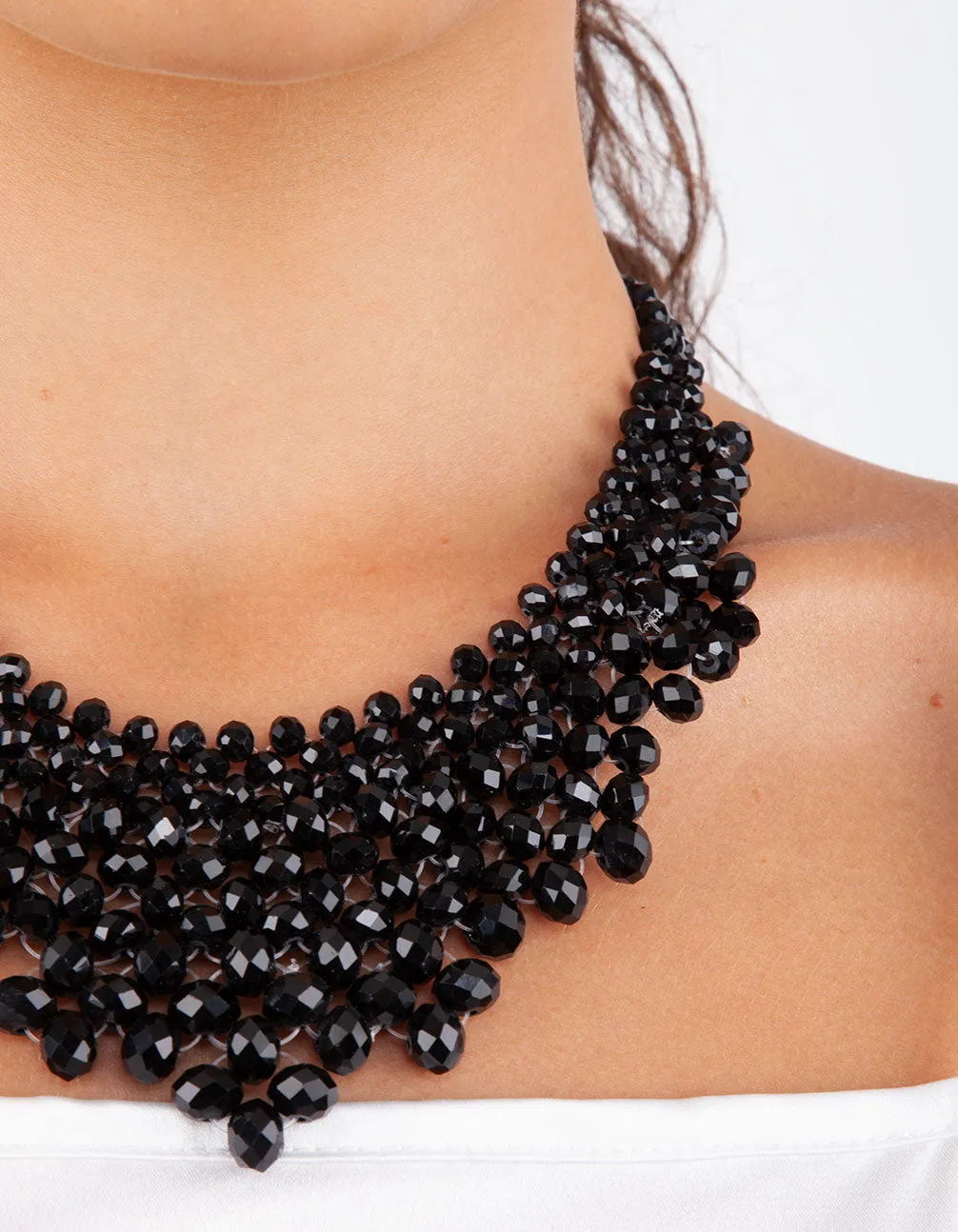 Black Facet Bead Collar Bib Necklace