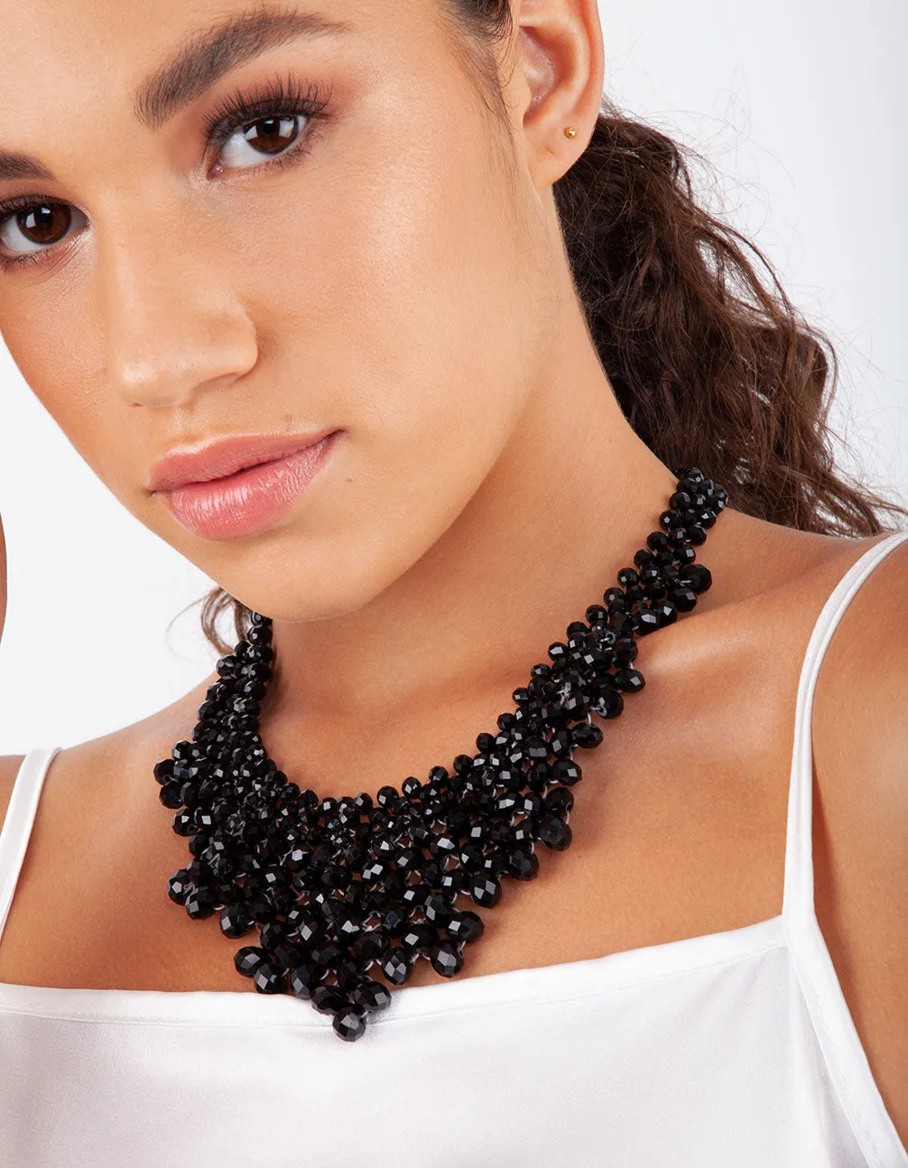 Black Facet Bead Collar Bib Necklace