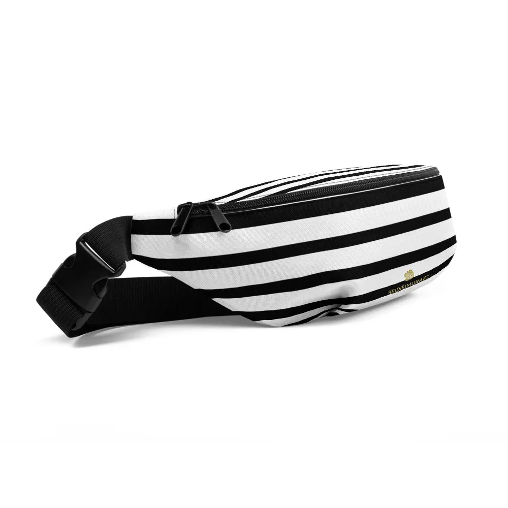 Black Striped Fanny Pack, White Best Horizontal Stripe Shoulder Bag- Made in USA/EU