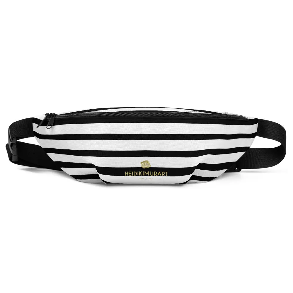 Black Striped Fanny Pack, White Best Horizontal Stripe Shoulder Bag- Made in USA/EU