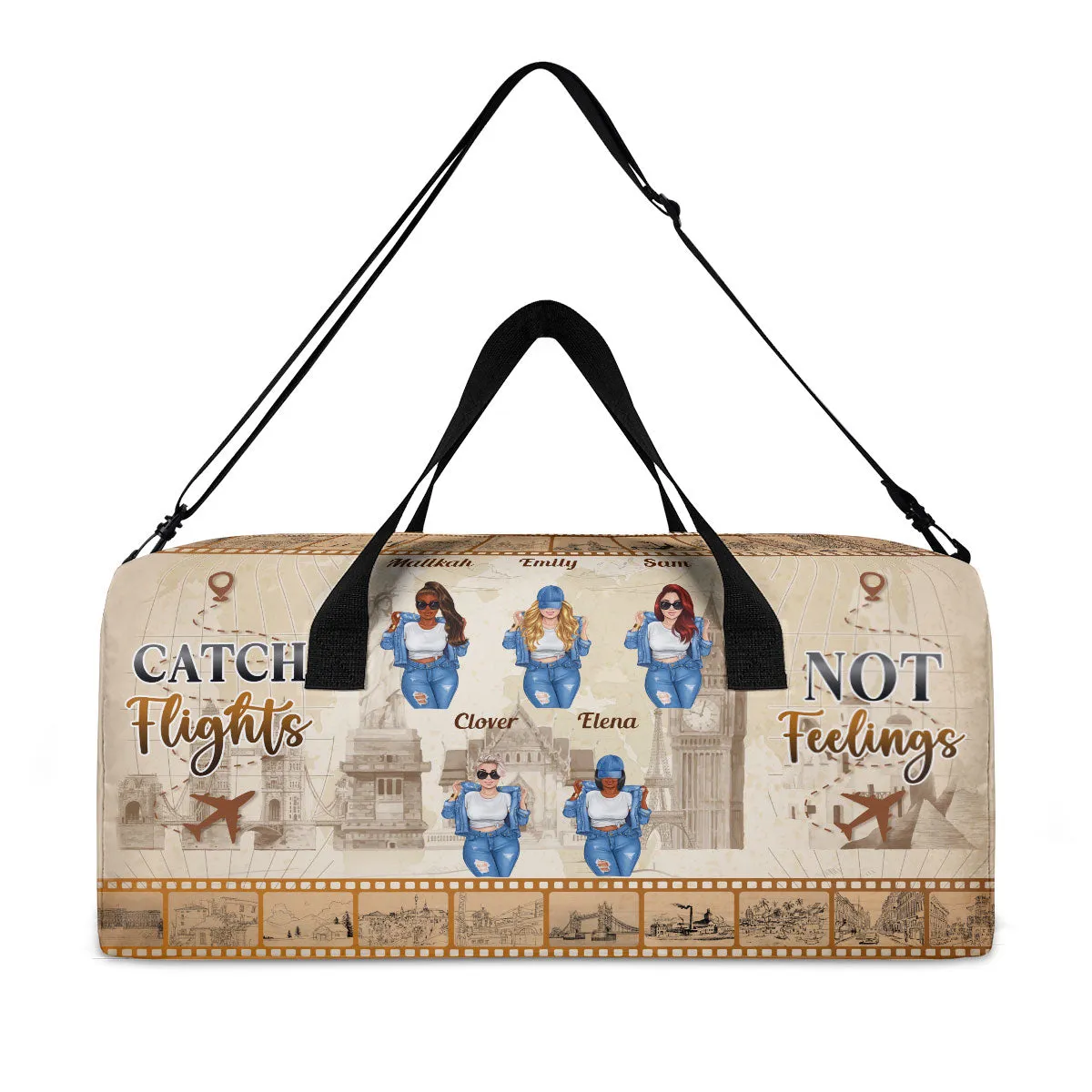 Catch Flights Not Feelings - Personalized Minimalist Duffle Bag SBMDBHA33