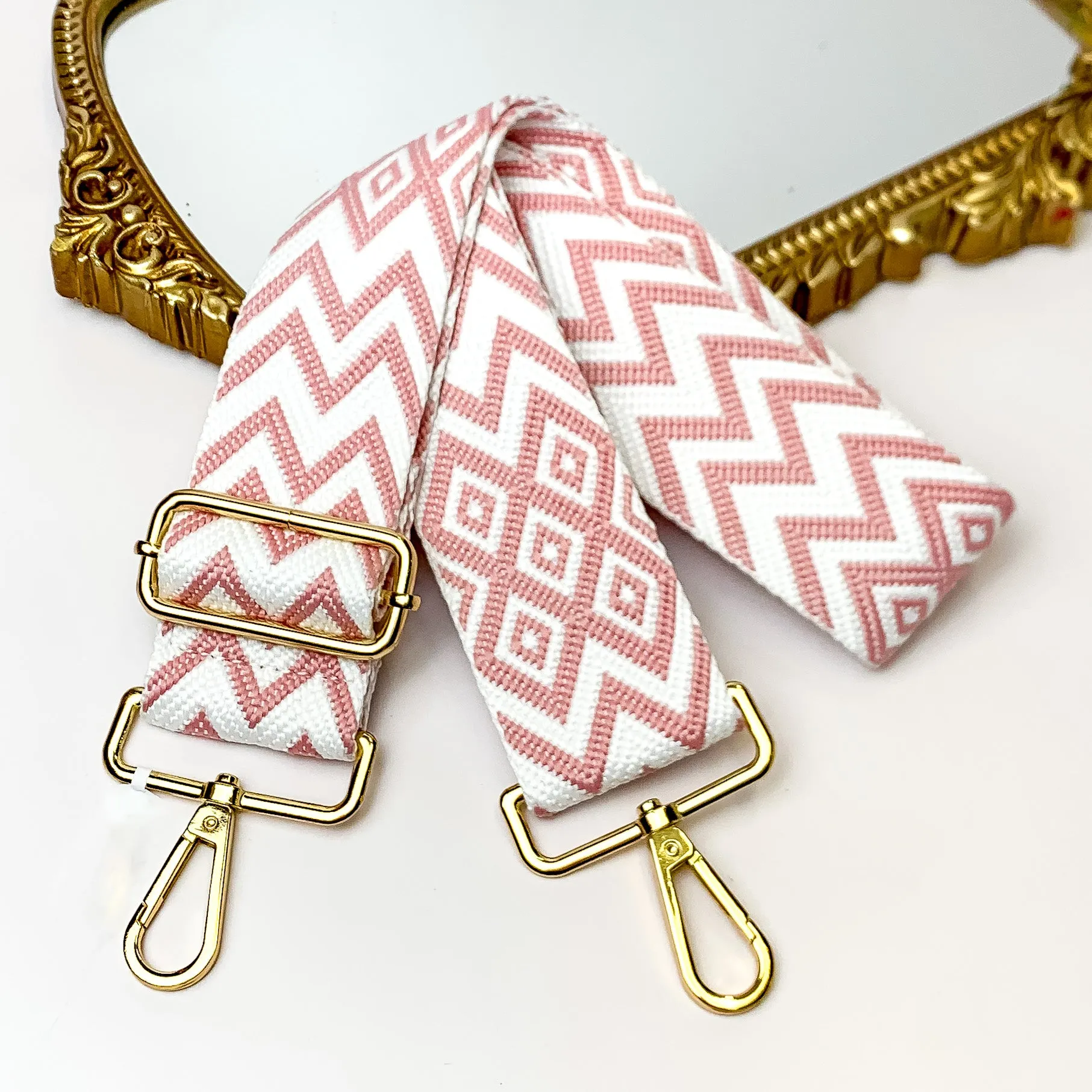 Chevron and Diamond Print Adjustable Purse Strap in White and Baby Pink