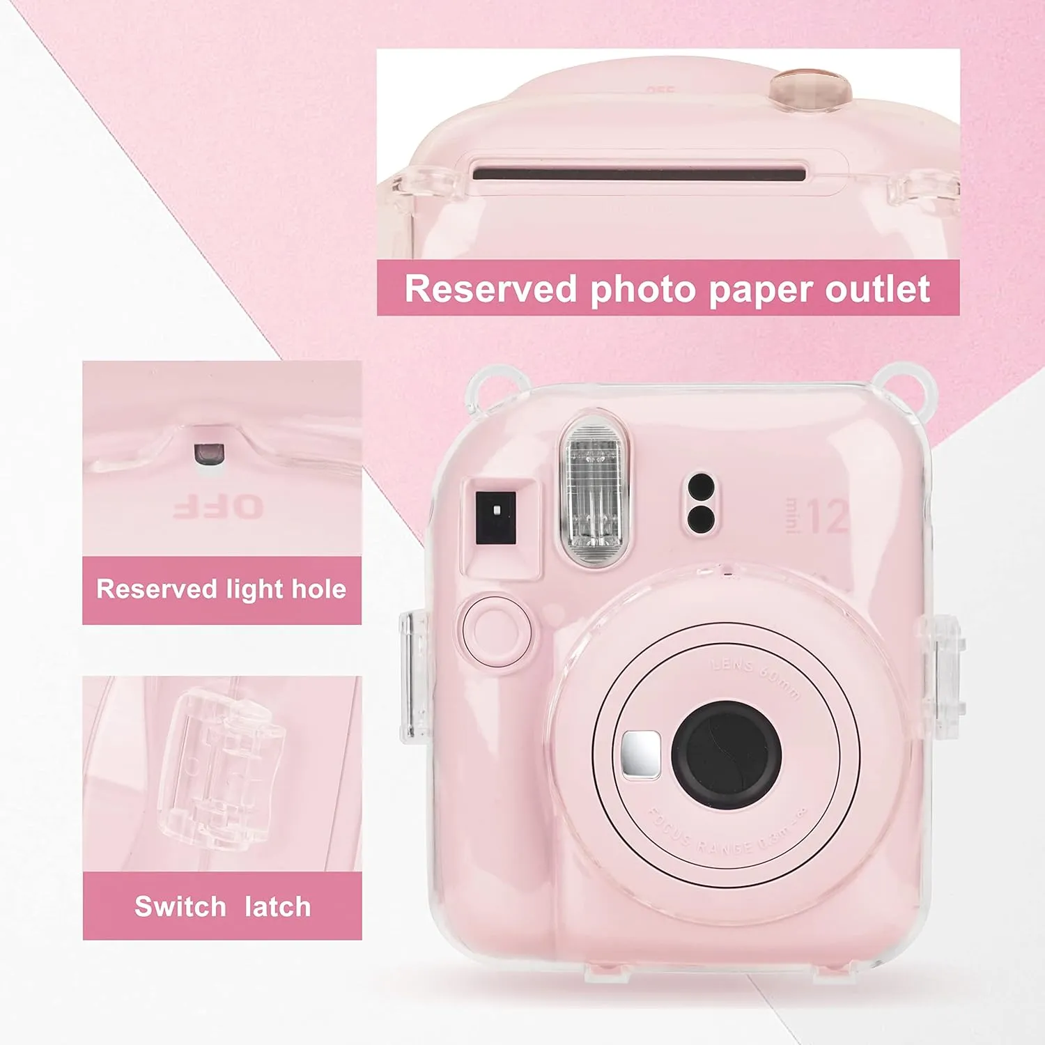 Clear Case for Fujifilm Instax Mini 12 Instant Camera, Protective Crystal Hard Shell PC Cover with Photo Storage Pocket & Shoulder Strap - Clear