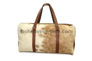 cowhide duffle bag light tan brown white