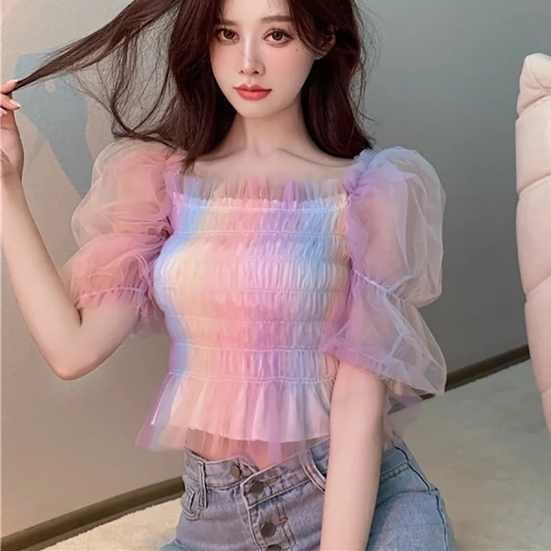 Cute Women Mesh Blouse Summer Puff Sleeve Fashion Rainbow Designed Slim Japan Crop Tops Casual Slim Ladies Blusas