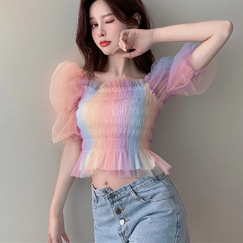 Cute Women Mesh Blouse Summer Puff Sleeve Fashion Rainbow Designed Slim Japan Crop Tops Casual Slim Ladies Blusas