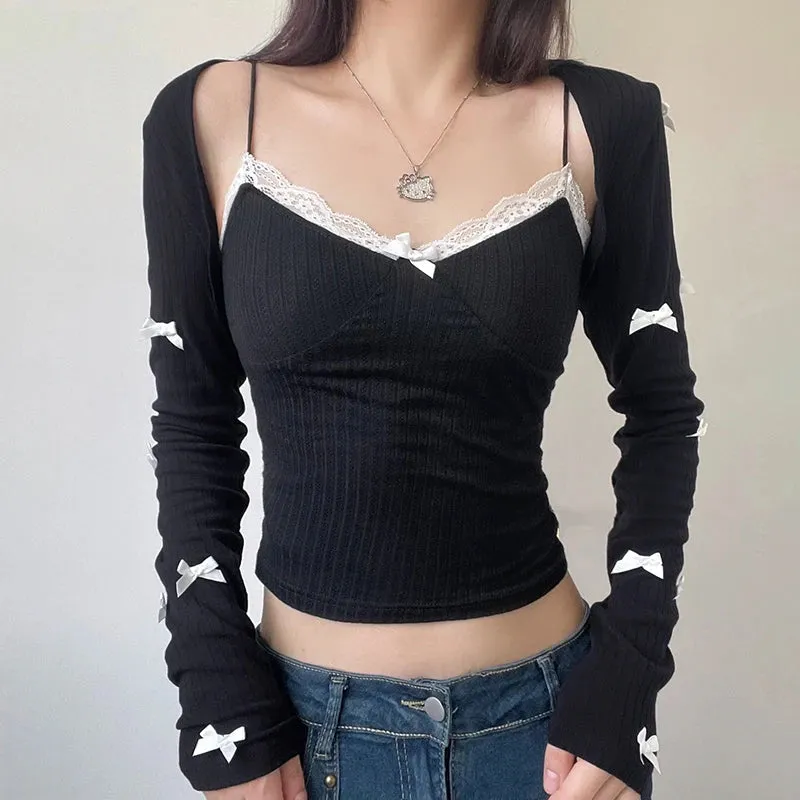 Fashion Chic Bow Female T-shirt 2 Pieces Set Korean Y2K Aesthetic Camis Top Smock Kawaii Lace Trim Knit Long Sleeve