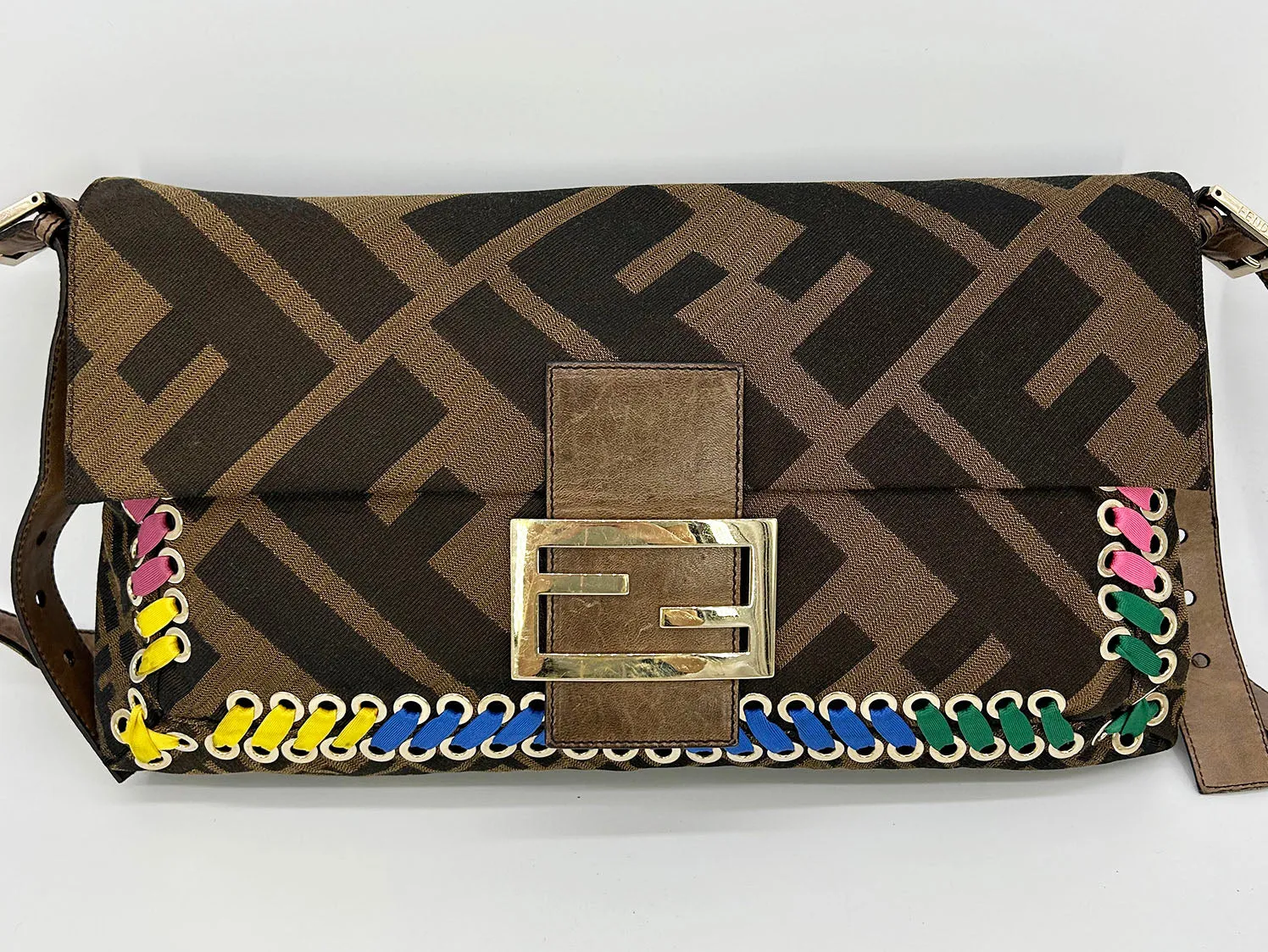 Fendi Zucca Canvas Rainbow Whipstitch XL Baguette