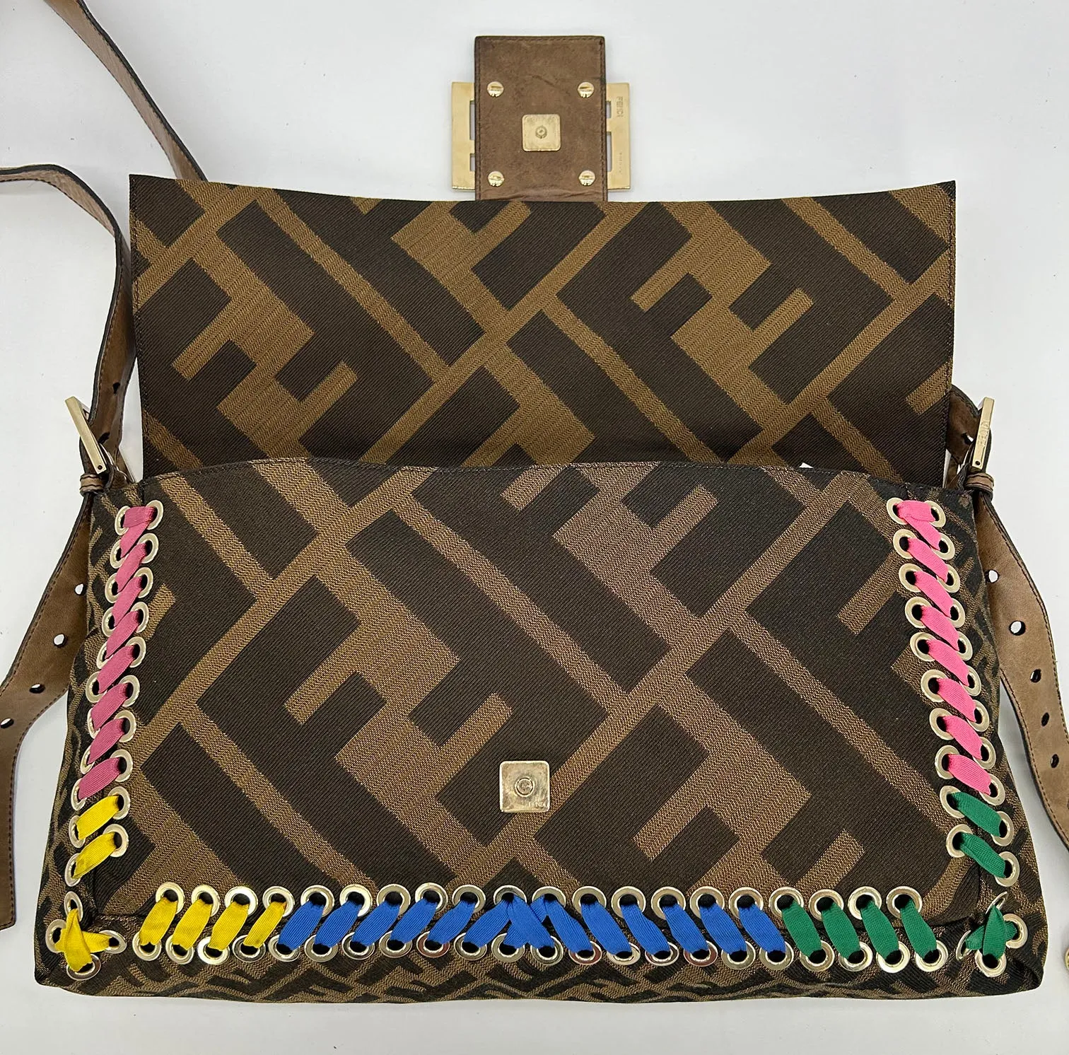 Fendi Zucca Canvas Rainbow Whipstitch XL Baguette