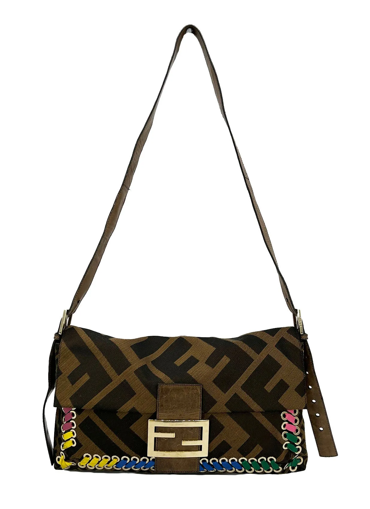 Fendi Zucca Canvas Rainbow Whipstitch XL Baguette