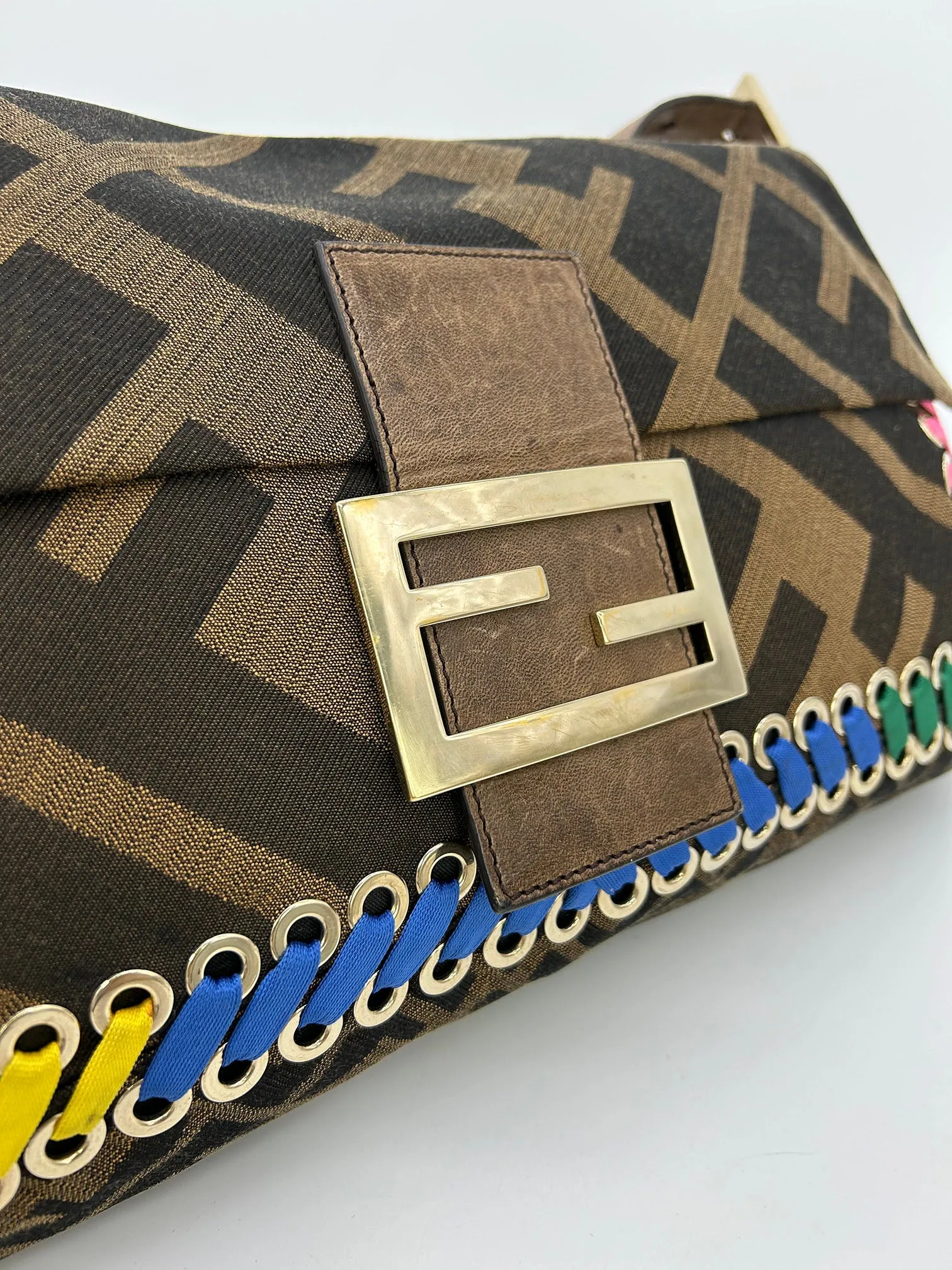 Fendi Zucca Canvas Rainbow Whipstitch XL Baguette