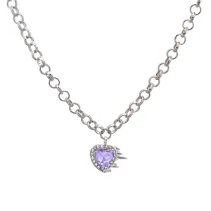 Flaming Heart Silver Chain Purple Violet Rhinestone Gemstone Pendant Necklace