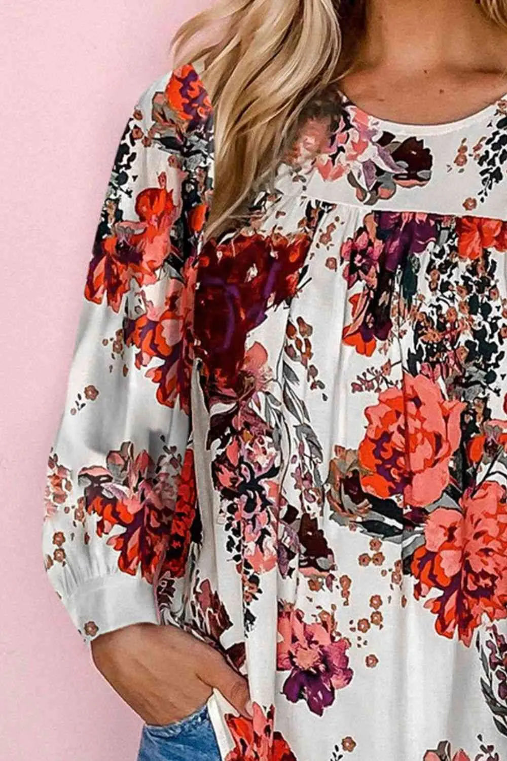 Floral Print Round Neck Long Sleeve Blouse