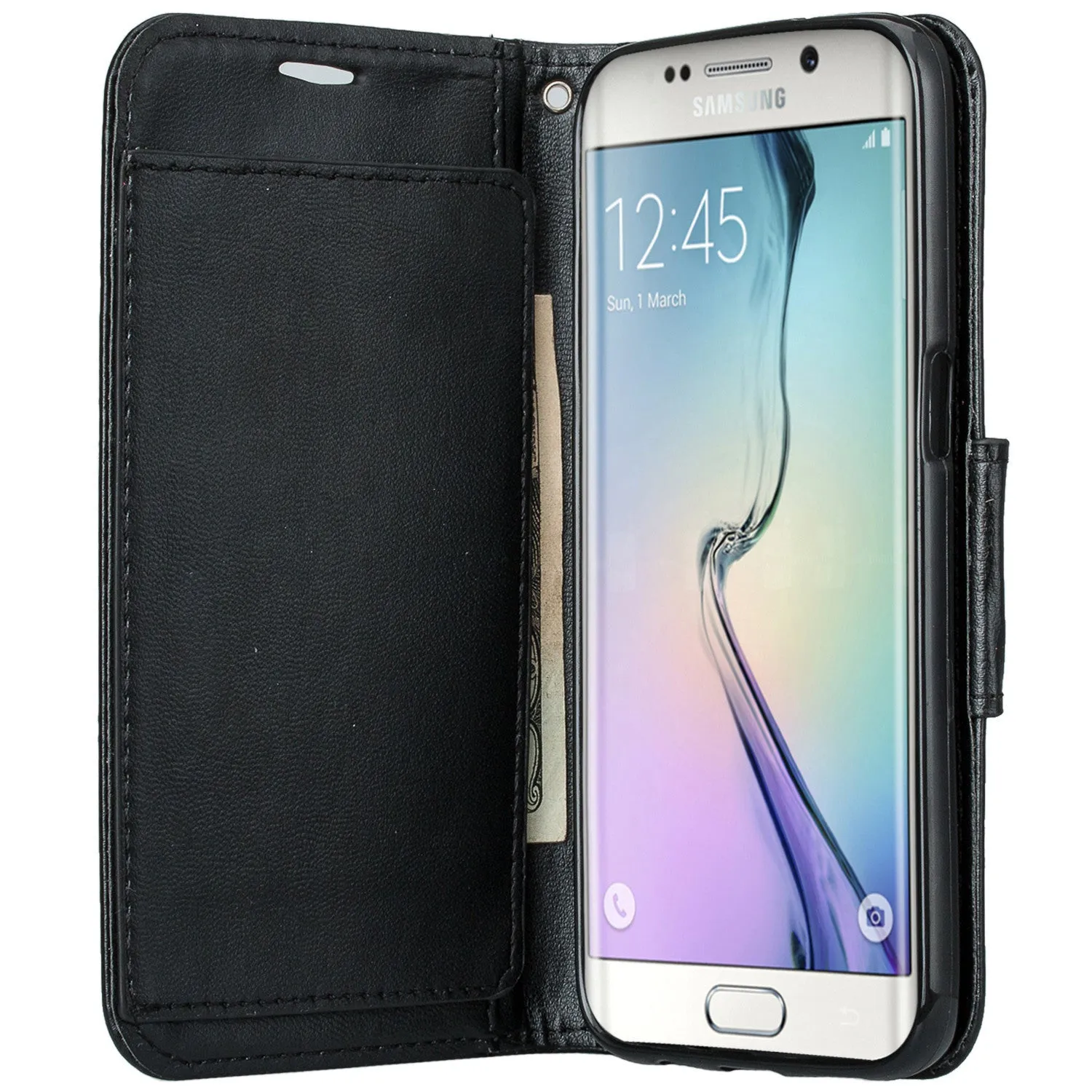 Galaxy S7 Case, Double Fold Wallet Case, Wrist Strap Flip Folio [Kickstand Feature] Pu Leather Wallet Case with ID & Credit Card Slot For Galaxy S7 - Black