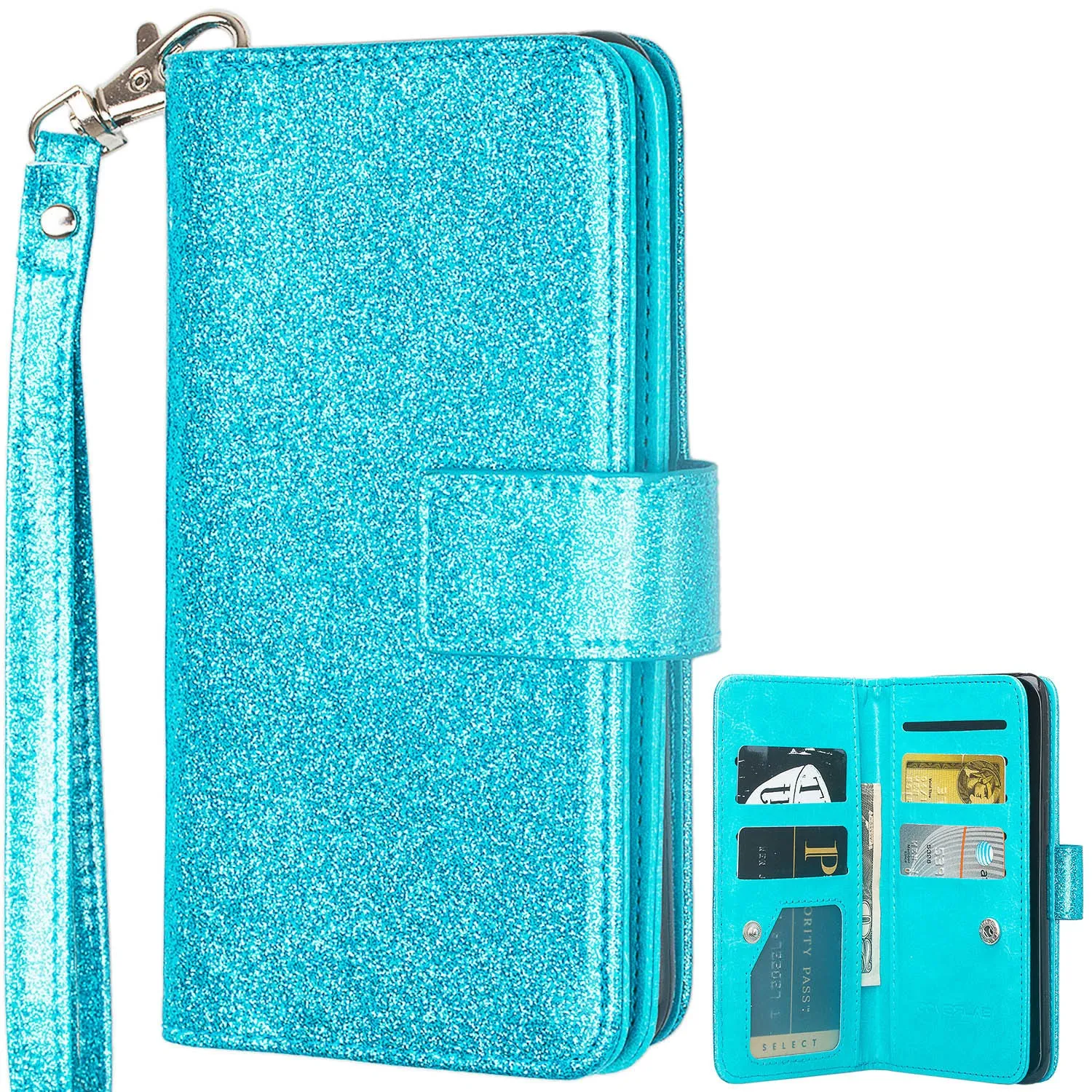 Galaxy S8 Plus Case, Samsung Galaxy S8 Plus Case, Glitter Faux Leather Flip Credit Card Holder Wrist Strap Shockproof Protective Wallet Case Clutch for Samsung Galaxy S8 Plus - Teal