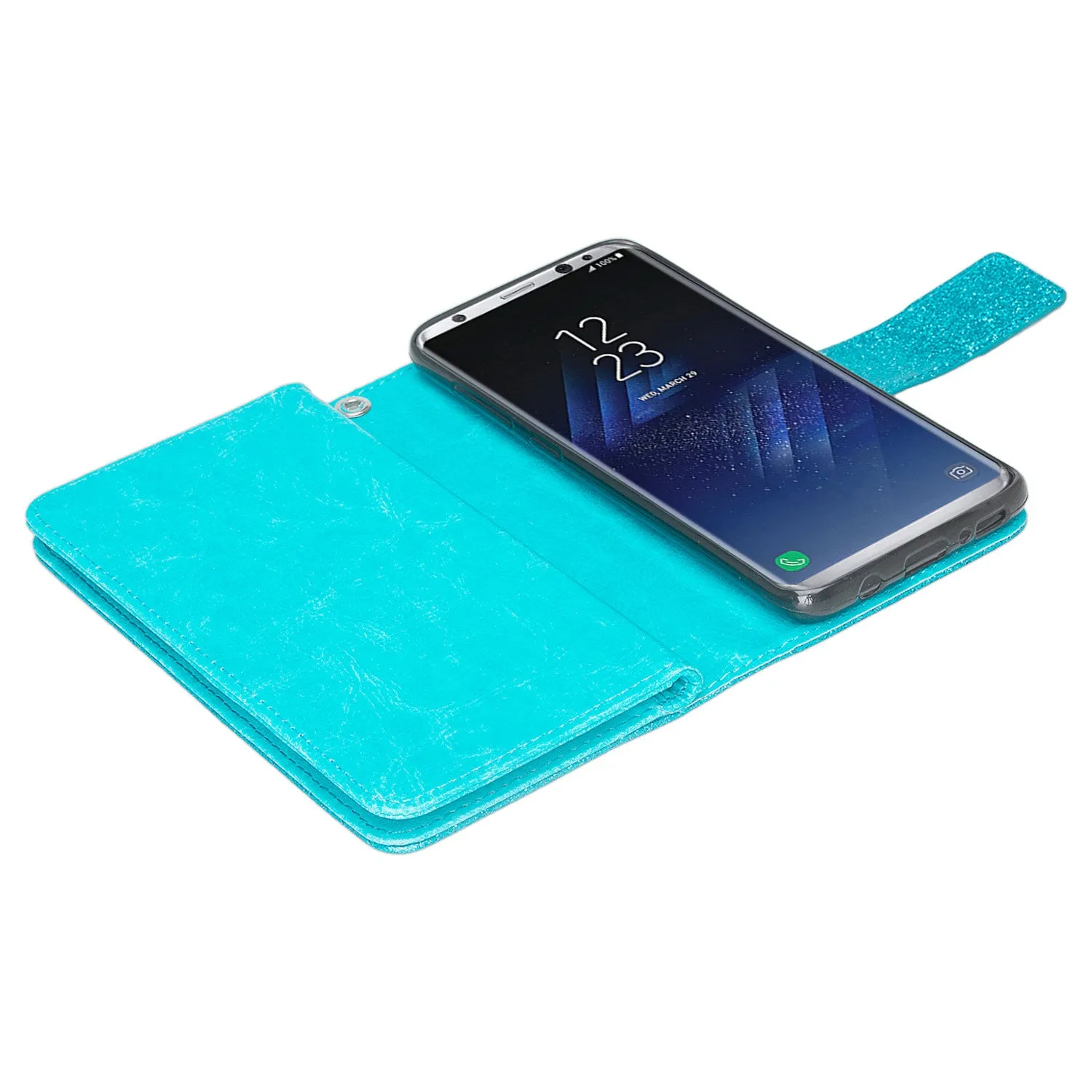 Galaxy S8 Plus Case, Samsung Galaxy S8 Plus Case, Glitter Faux Leather Flip Credit Card Holder Wrist Strap Shockproof Protective Wallet Case Clutch for Samsung Galaxy S8 Plus - Teal