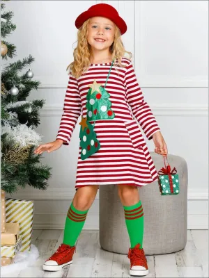 Girls Christmas Tree Striped Pocket Dress, Purse and Socks Set