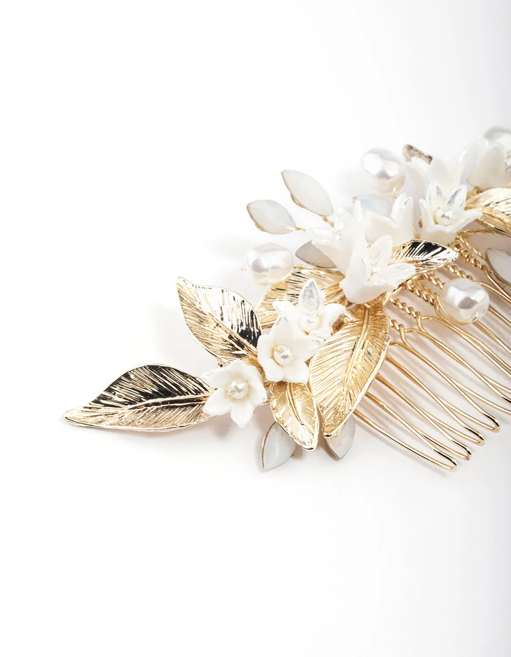 Gold Pearl Flower & Leaf Comb