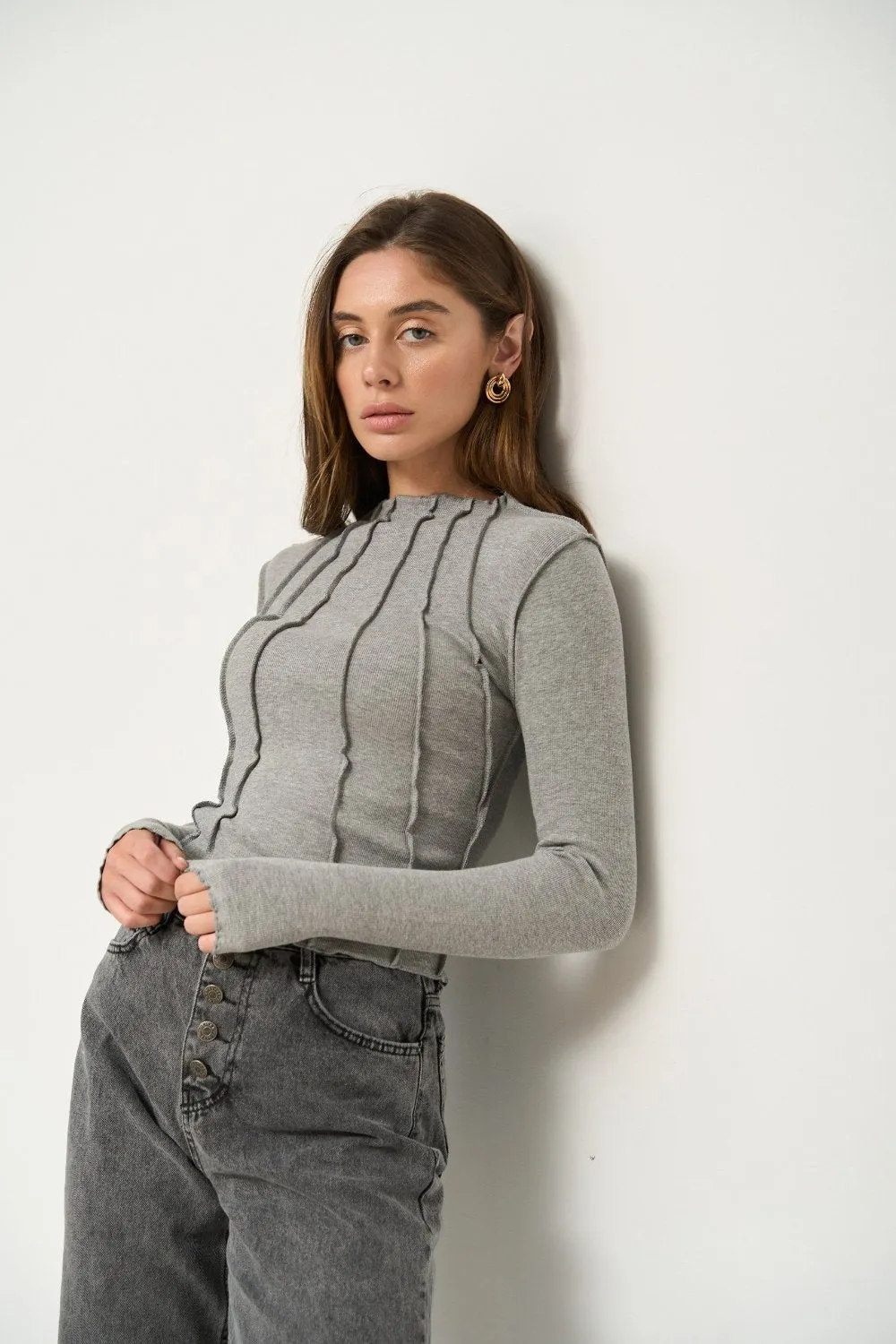 Grey Long Sleeve Top with Reversed Seams