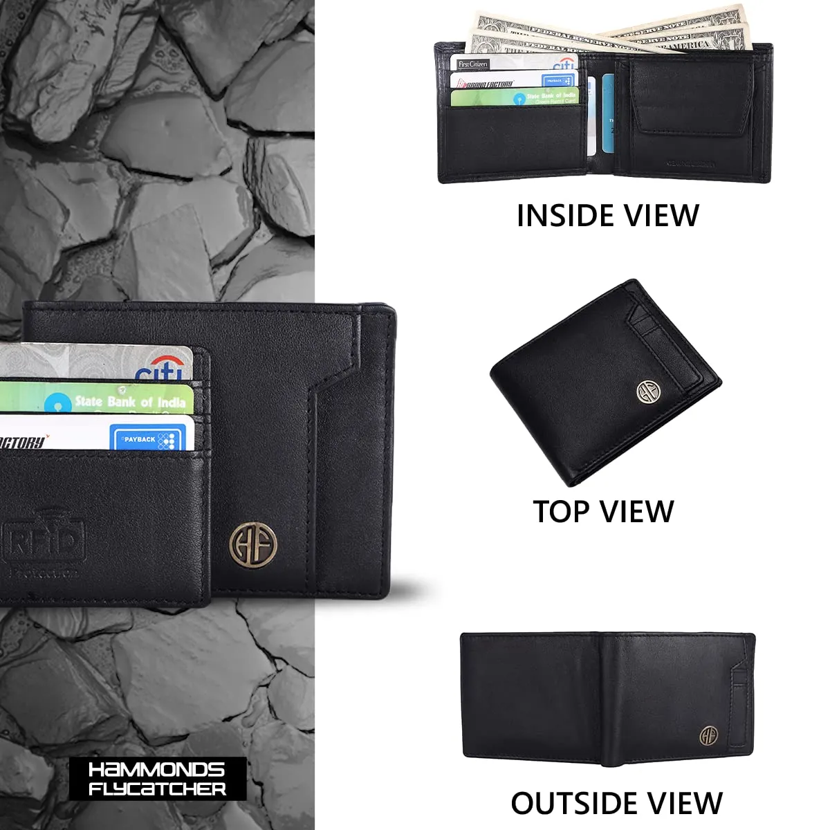 HAMMONDS FLYCATCHER Genuine Leather Wallet for Men - RFID Protected Leather Purse for Men, Money Purse for Men, Bi-Fold Wallet - 6 Card Slots, 1 Card Case, Coin Pocket, Hidden Pockets - Black