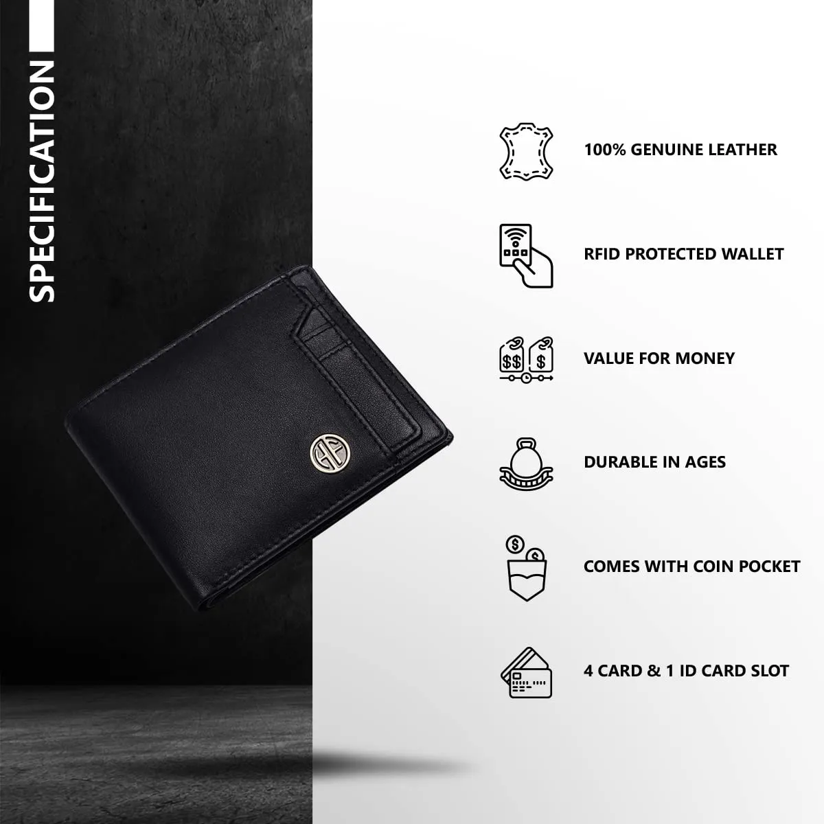 HAMMONDS FLYCATCHER Genuine Leather Wallet for Men - RFID Protected Leather Purse for Men, Money Purse for Men, Bi-Fold Wallet - 6 Card Slots, 1 Card Case, Coin Pocket, Hidden Pockets - Black