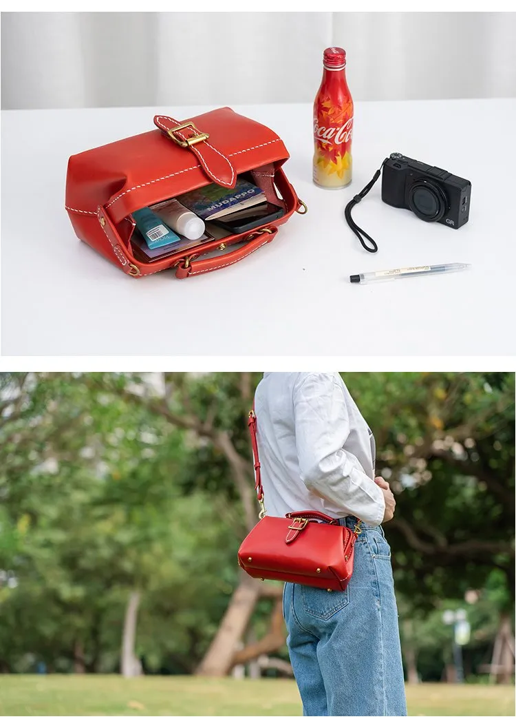 Handmade Womens Red Leather Doctor Handbag Side Purse Small Doctor Purse for Women