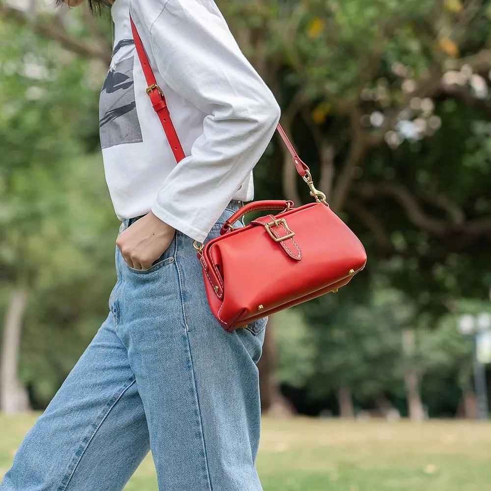 Handmade Womens Red Leather Doctor Handbag Side Purse Small Doctor Purse for Women