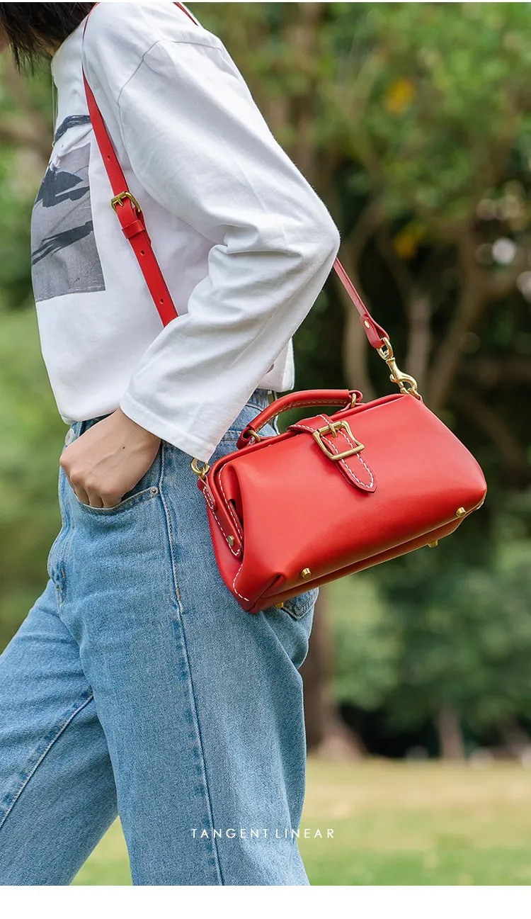 Handmade Womens Red Leather Doctor Handbag Side Purse Small Doctor Purse for Women