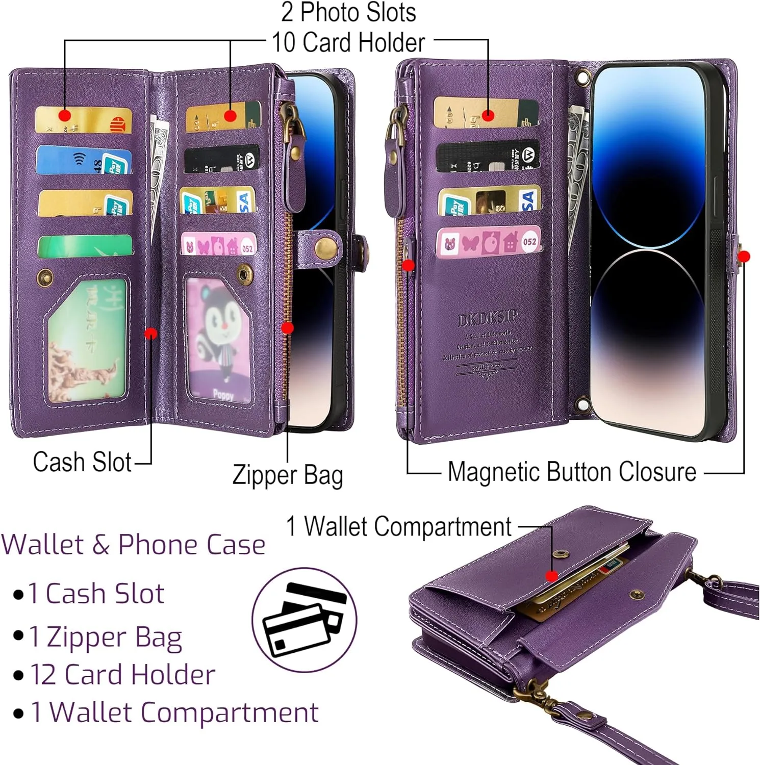 iPhone 15 Pro Wallet Case Support Wireless Charging Phone Case Crossbody Strap Purple