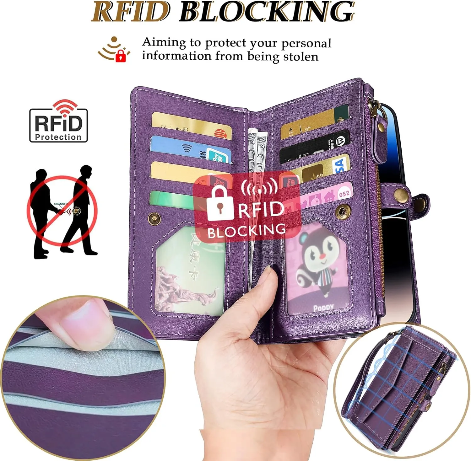 iPhone 15 Pro Wallet Case Support Wireless Charging Phone Case Crossbody Strap Purple