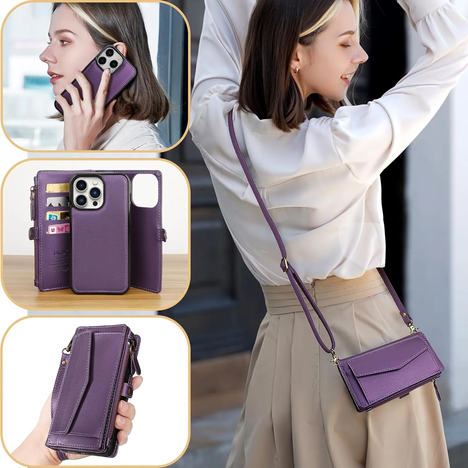 iPhone 15 Pro Wallet Case Support Wireless Charging Phone Case Crossbody Strap Purple