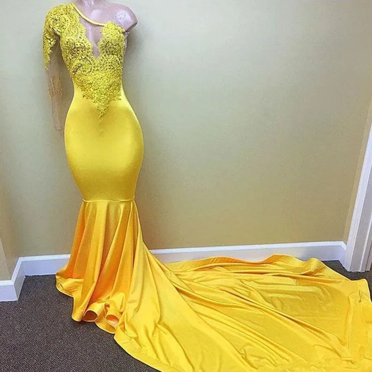 kamahe Yellow one shoulder mermaid prom dress, lace evening dresses