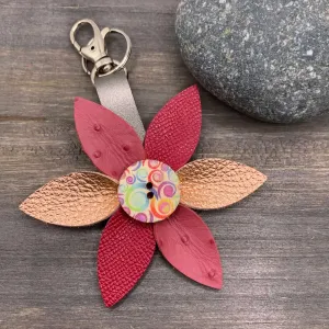 Leather Flower Bag Charm Keychain - Pink Multi