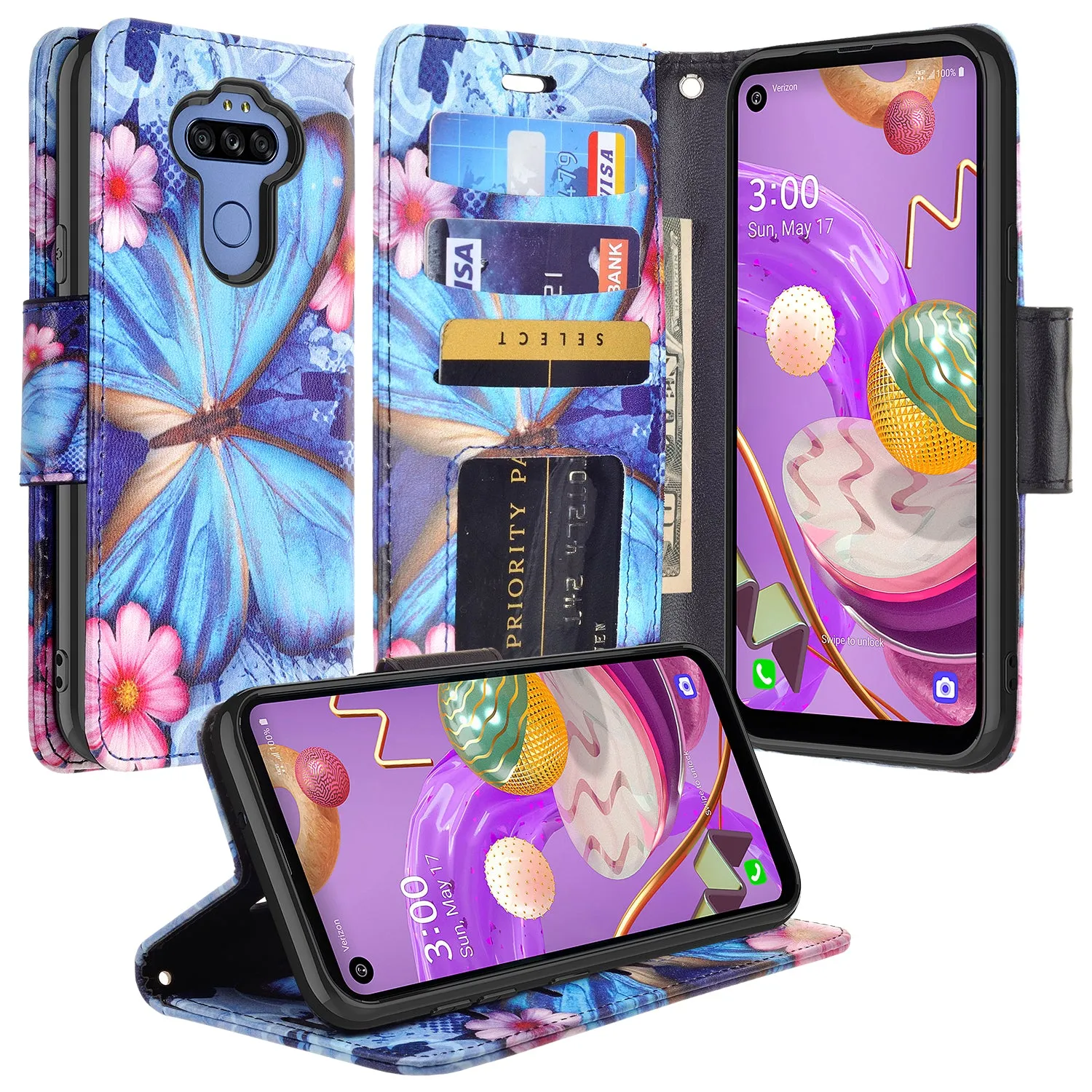 LG Aristo 5 Plus Wallet Case, Wrist Strap Pu Leather Wallet Case [Kickstand] with ID & Credit Card Slots - Blue Butterfly