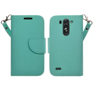 LG G3 s | LG G3 mini | LG G3 Beat | LG G3 Vigor | LG D725 | LG D722 Case, Wrist Strap Flip Folio [Kickstand Feature] Pu Leather Wallet Case with ID & Credit Card Slots - Teal