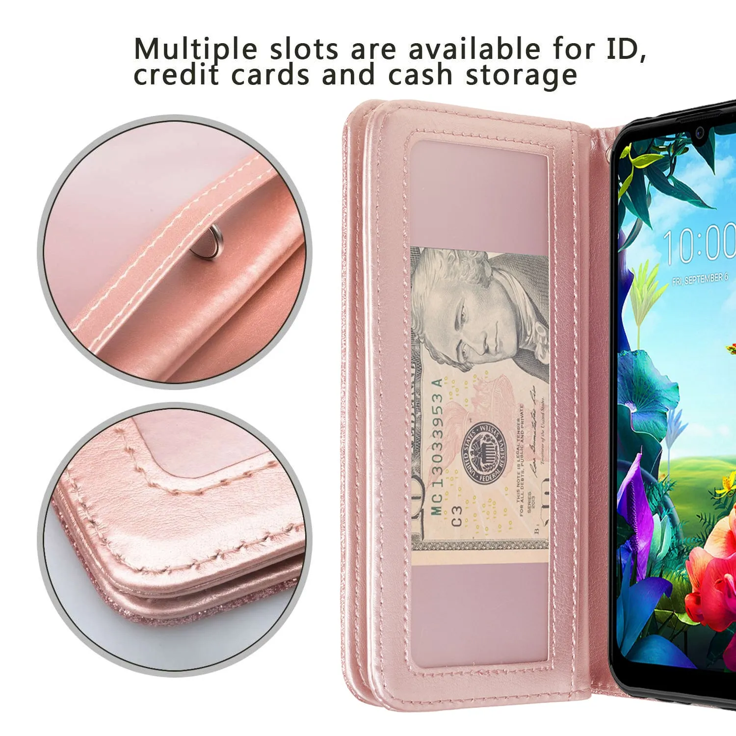 LG Harmony 4 Case, LG K40S Wallet Case, Glitter Faux Leather Flip Credit Card Holder Wrist Strap Shockproof Protective Wallet Case Clutch for Harmony 4 - Rose Gold