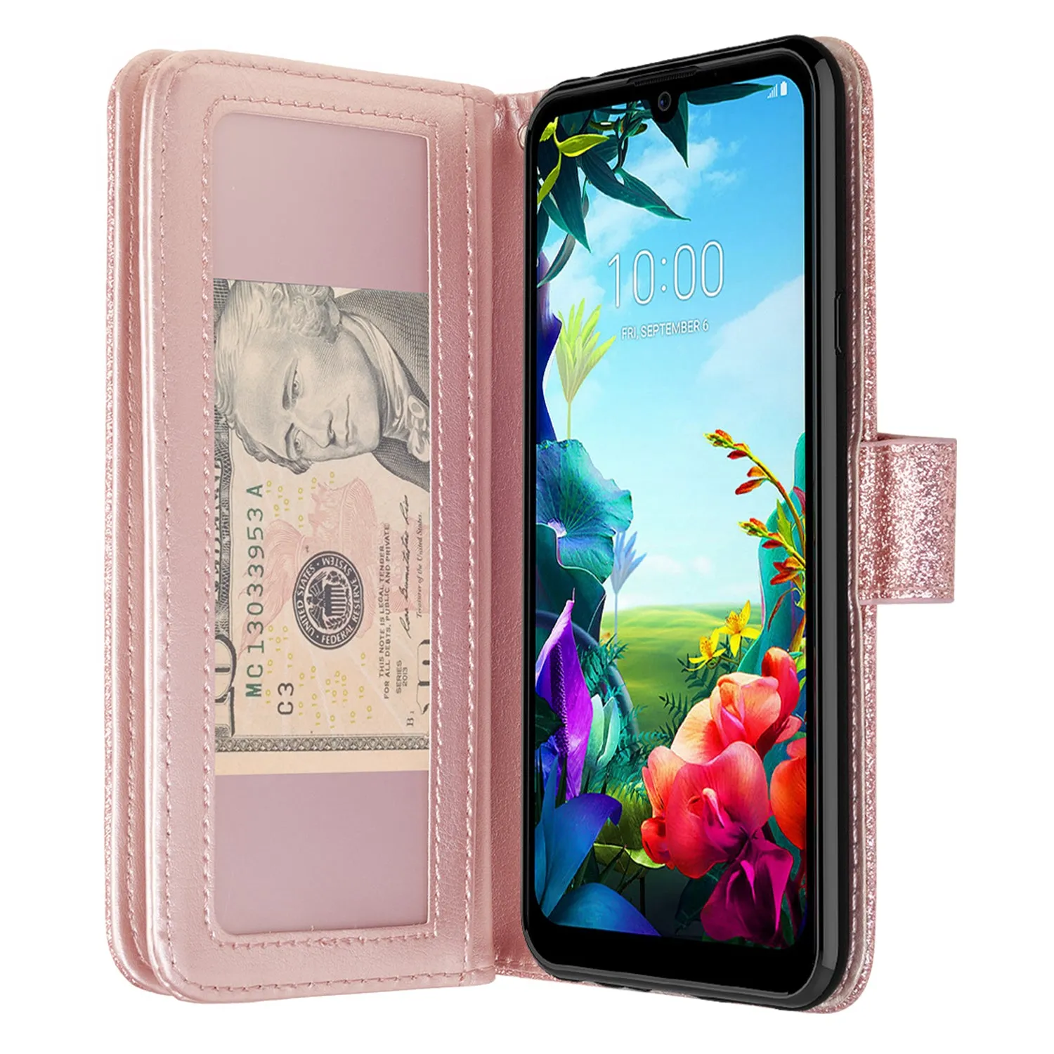 LG Harmony 4 Case, LG K40S Wallet Case, Glitter Faux Leather Flip Credit Card Holder Wrist Strap Shockproof Protective Wallet Case Clutch for Harmony 4 - Rose Gold