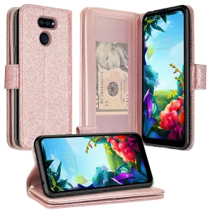 LG Harmony 4 Case, LG K40S Wallet Case, Glitter Faux Leather Flip Credit Card Holder Wrist Strap Shockproof Protective Wallet Case Clutch for Harmony 4 - Rose Gold