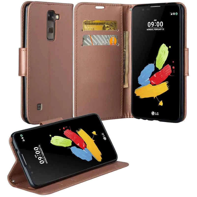 LG Stylo 2 Case, LG Stylo 2 V Wallet Case [Kickstand] Pu Leather Wrist Strap Wallet Case w/ ID & Card Slots & Pocket - Rose Gold