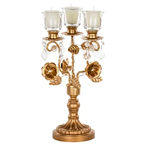 Madeleine Antique Gold Metal Candelabra Centerpiece, 3 Votive Candle Taper