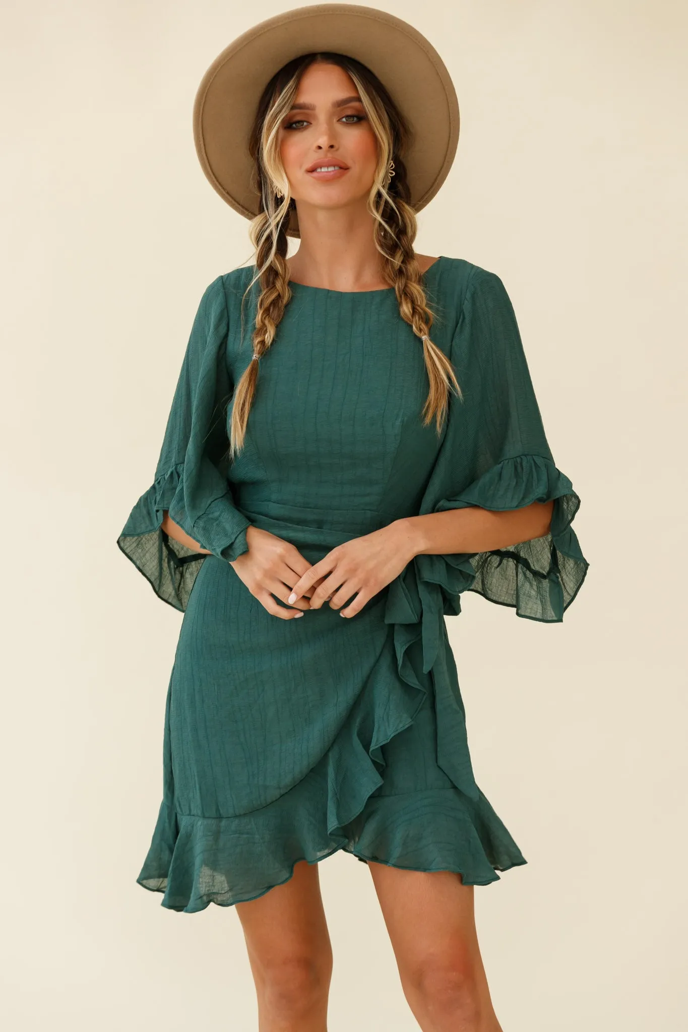 Make It Happen Flared Sleeve Ruffle Trim Dress Green