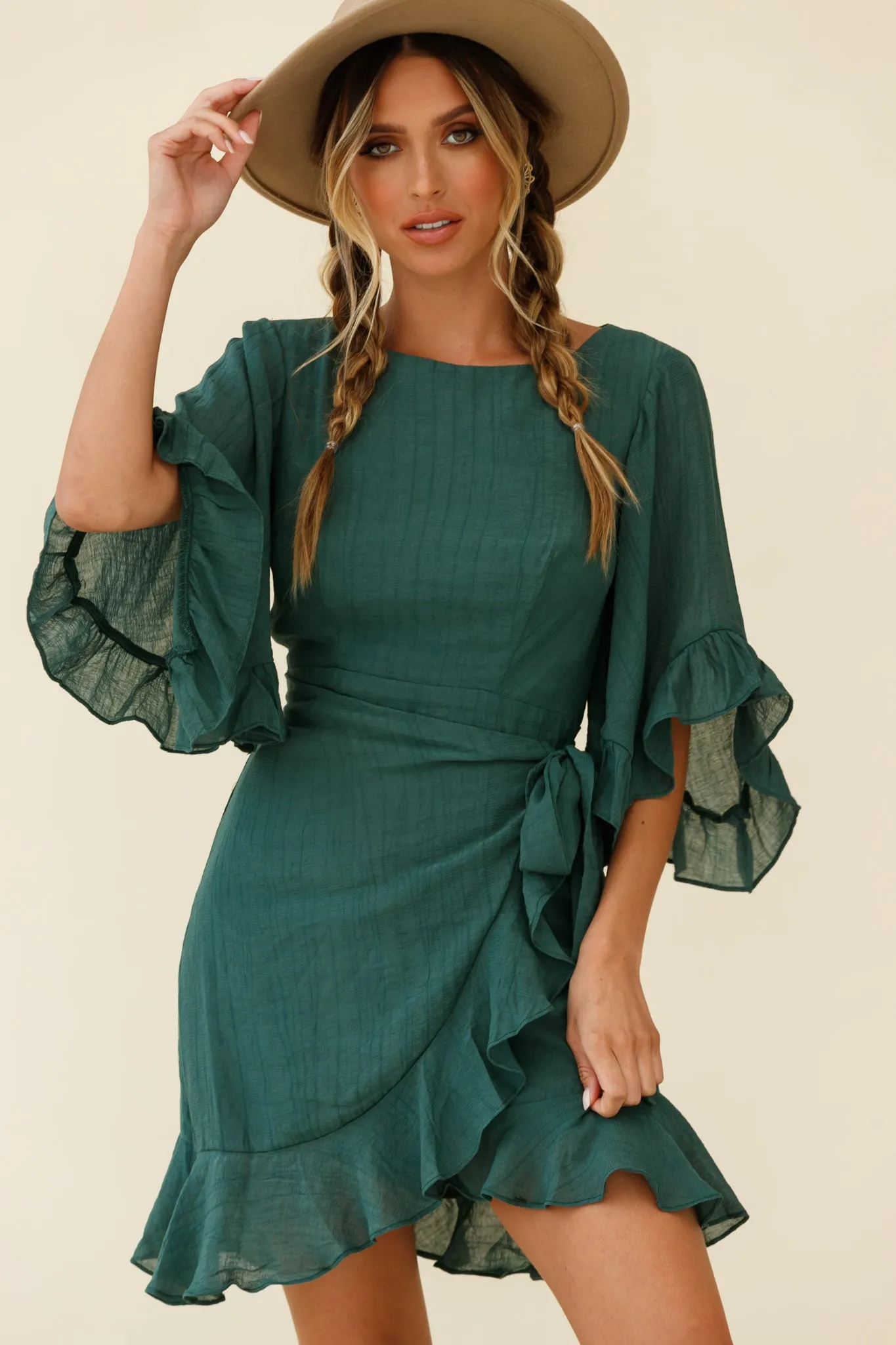 Make It Happen Flared Sleeve Ruffle Trim Dress Green