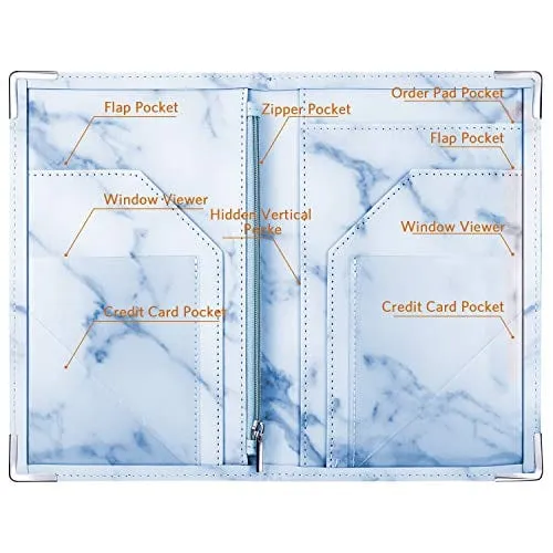 Marble Server Books Guest Check Holders with 9 Pockets Includes Zipper Pouch with Pen Holder Fit Server Apron for Restaurant Waiter Waitress (Blue, 1 Pack)