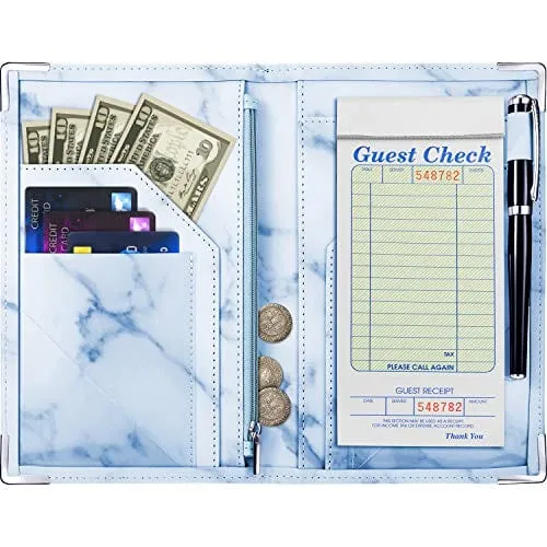 Marble Server Books Guest Check Holders with 9 Pockets Includes Zipper Pouch with Pen Holder Fit Server Apron for Restaurant Waiter Waitress (Blue, 1 Pack)