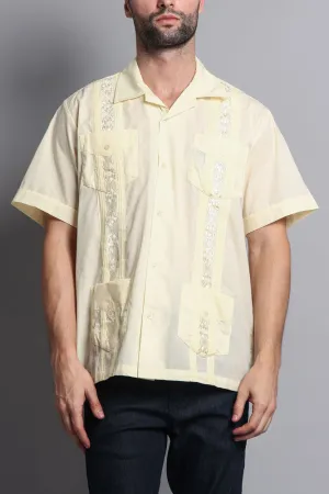 Men's Short Sleeve Cuban Style Guayabera Shirt (Contrast Light Yellow)