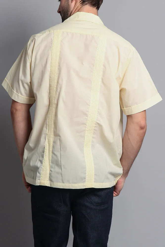 Men's Short Sleeve Cuban Style Guayabera Shirt (Contrast Light Yellow)